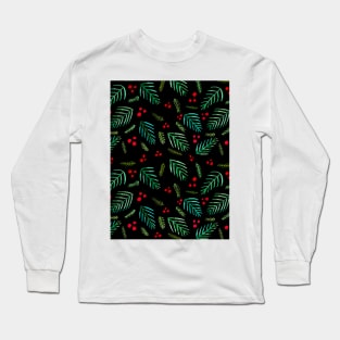 Christmas tree branches and berries - black and green Long Sleeve T-Shirt